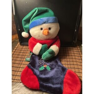 Vtg PRIMA CREATIONS Red Christmas Stocking Snowman Plush With Blue Green Hat
